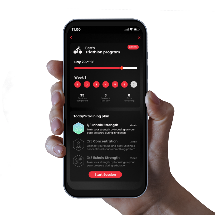 Airofit app showing real-time breathing tracking and training programs